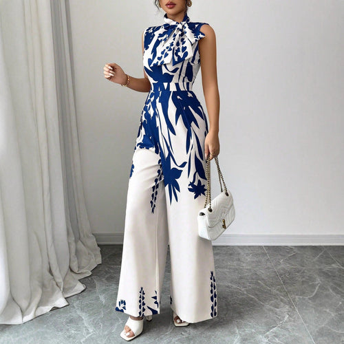 Combinaison élégante femme sans manches à jambes larges – Imprimé floral bleu